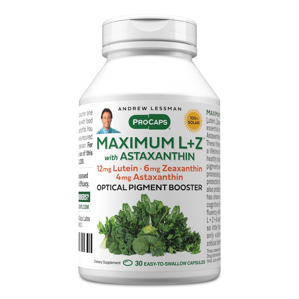 ANDREW LESSMAN Maximum L+Z mit Astaxanthin 30 Softgels - 12mg Lutein, 6mg Zeaxanthin, 4mg Astaxanthin. Hauptnährstoffe zur Unterstützung von Augen- und Gehirngesundheit und zur Förderung gesunder Vision.
