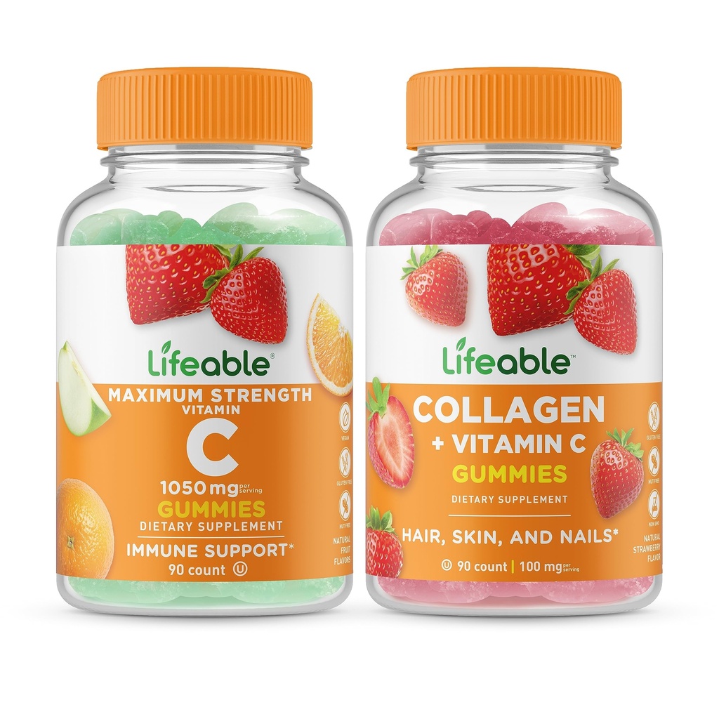 Lifeable Vitamin C 1050mg + Collagen & Vitamin C, Gummies Bundle - Great Tasting, Vitamin Supplement, Gluten Free, GMO Free, Chewable Gummy