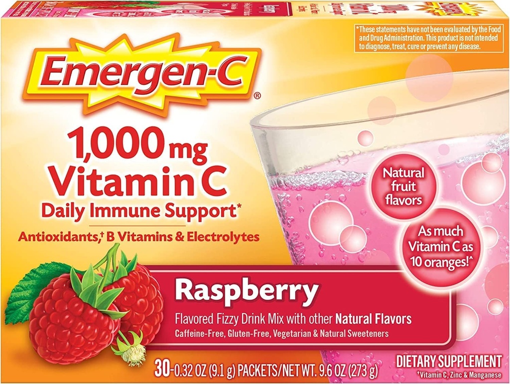 Alacer Emergen-C Vitamin C Fizzy Drink Mix Raspberry - 1000 Mg - 30 Pakete