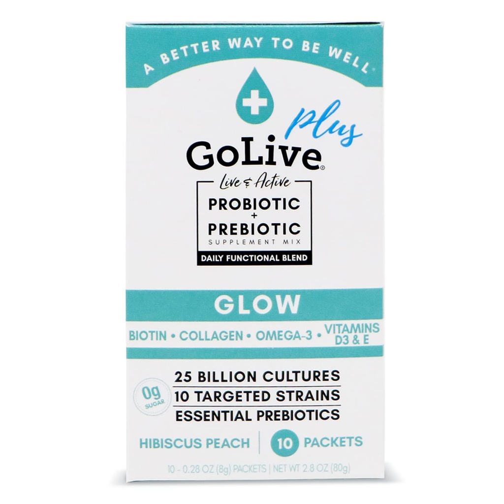 GoLive Probiotics & Prebiotics for Women and Men Glow for Beauty, Sugar-Free Synbiotic Powder. +25 Bllion CFU; 10 Strains Clinical for Healthy, Immune & Digestive Health, 10 Count (Pack of 1)