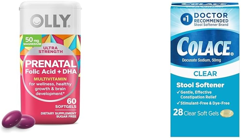 OLLY Ultra Strength Prenatal Multivitamin Softgels mit Brain Development Support + Colace Clear Stool Softener Kapseln, 28 Zähler