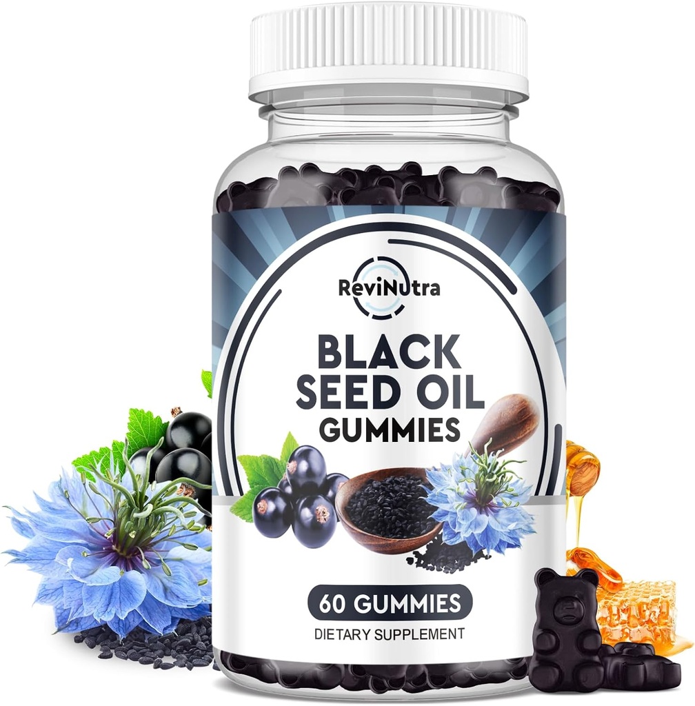 Schwarzes Seed Öl Gummies-Organic kalt gepresstes Nigella Sativa Schwarzes Seed Öl mit Honig, Vitamin B6, C, D3, Turmeric, Pomegranate, Unterstützung Immunität, Verdauung, Gehirnfunktion, Haar & Haut-60 Gummis