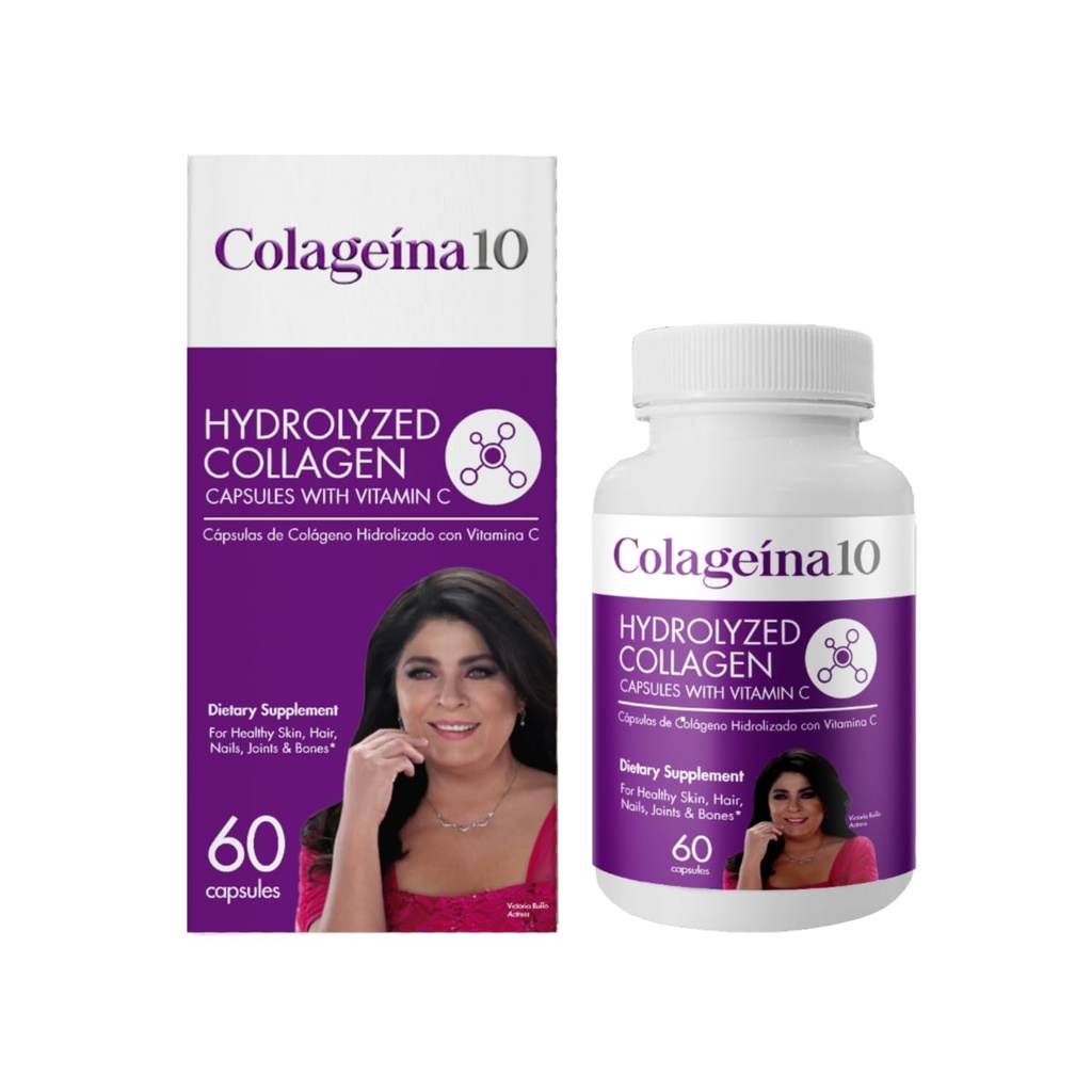 Colageina 10 Capsules de collagène hydrolysées avec vitamine C - Supplément alimentaire anti-âge pour une peau, des cheveux, des ongles, des articulations et des os sains - 60 Compte
