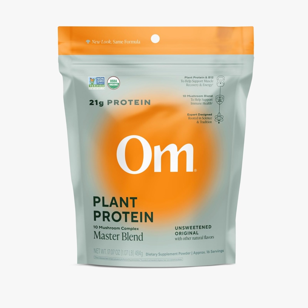 OM MUSHROOM SUPERFOOD Master Blend Plant-Based Protein Powder (Borsa Risillabile (16 Serve), Proteine non aromatizzate)