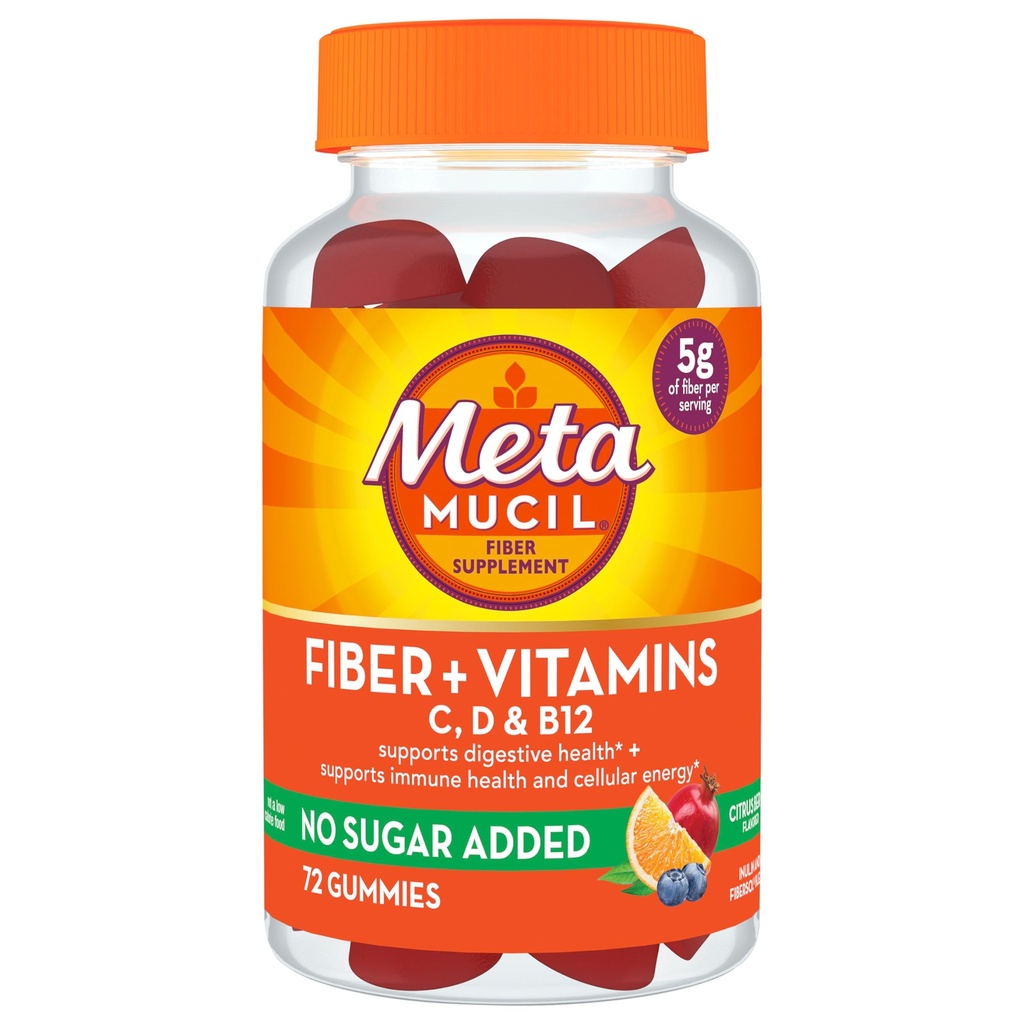 Metamucil Fiber Suplement 72 Gummies, Fibra + Vitamine C,D & B12 no Zucchero Aggiunto, Supporto Digestivo guarire + Support Immune Health, Citrus Berry Flavor.