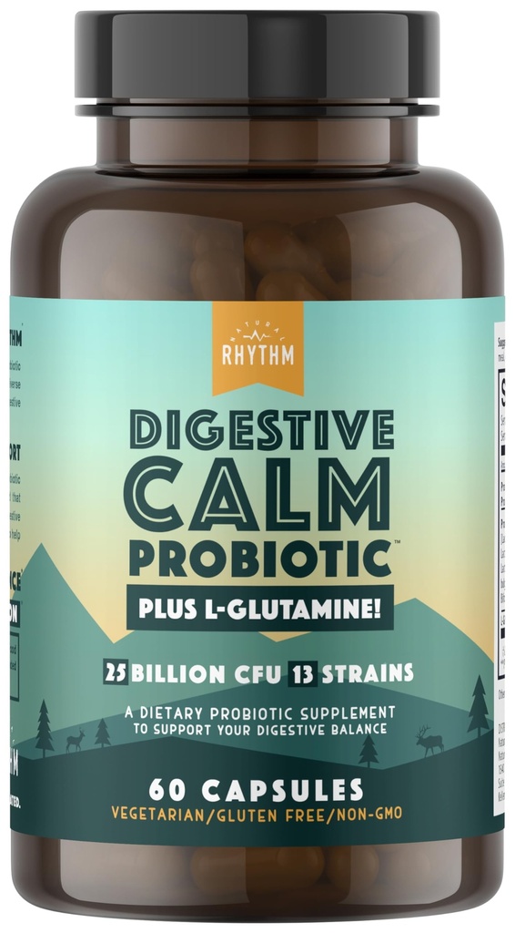 Natürliche Rhythm Digestive Calm Probiotic (Plus L-Glutamin) 25 Billion CFU und 13 Strains. - Natürliche Unterstützung für bessere Verdauung - für Bloating & Constipation + Gas Relief & Leaky Gut - 60 Kapseln.