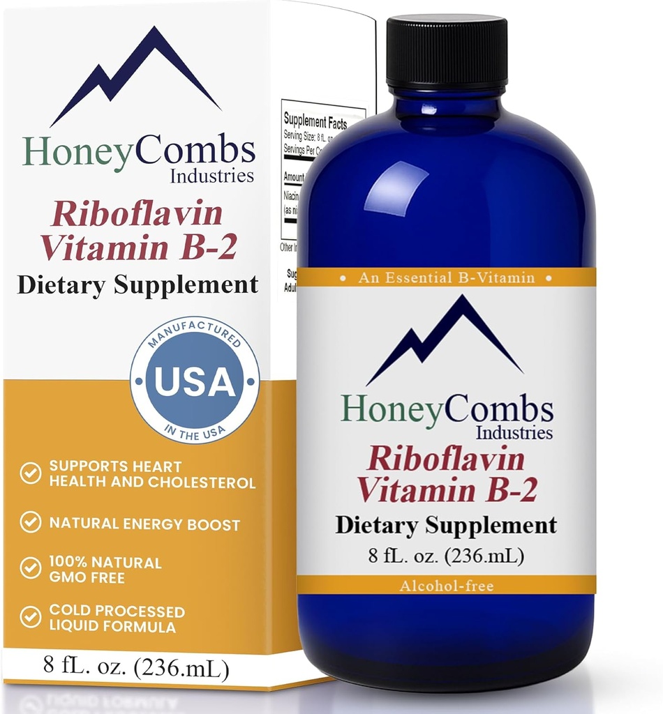 HoneyCombs Vitamin B2 Riboflavin Ergänzung Flüssigkeitstropfen - Hohe Potenz Vitamin B2 für Männer und Frauen - Pflege gesunde Verdauung, Nervous System, Haar, Haut, Nägel - Vegan flüssige Vitamine (8 Fl oz)