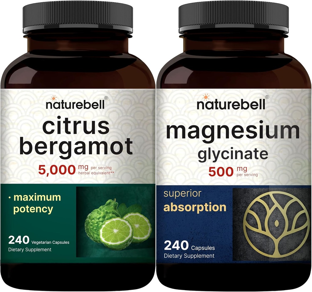 NatureBell Magnesium Glycinat Kapseln 500mg & Citrus Bergamotte Veggie Kapseln 5.000 mg Equivalent Bundle Pack | Chelat & gereinigtes Mineral | Hohes Antioxidans Niveau
