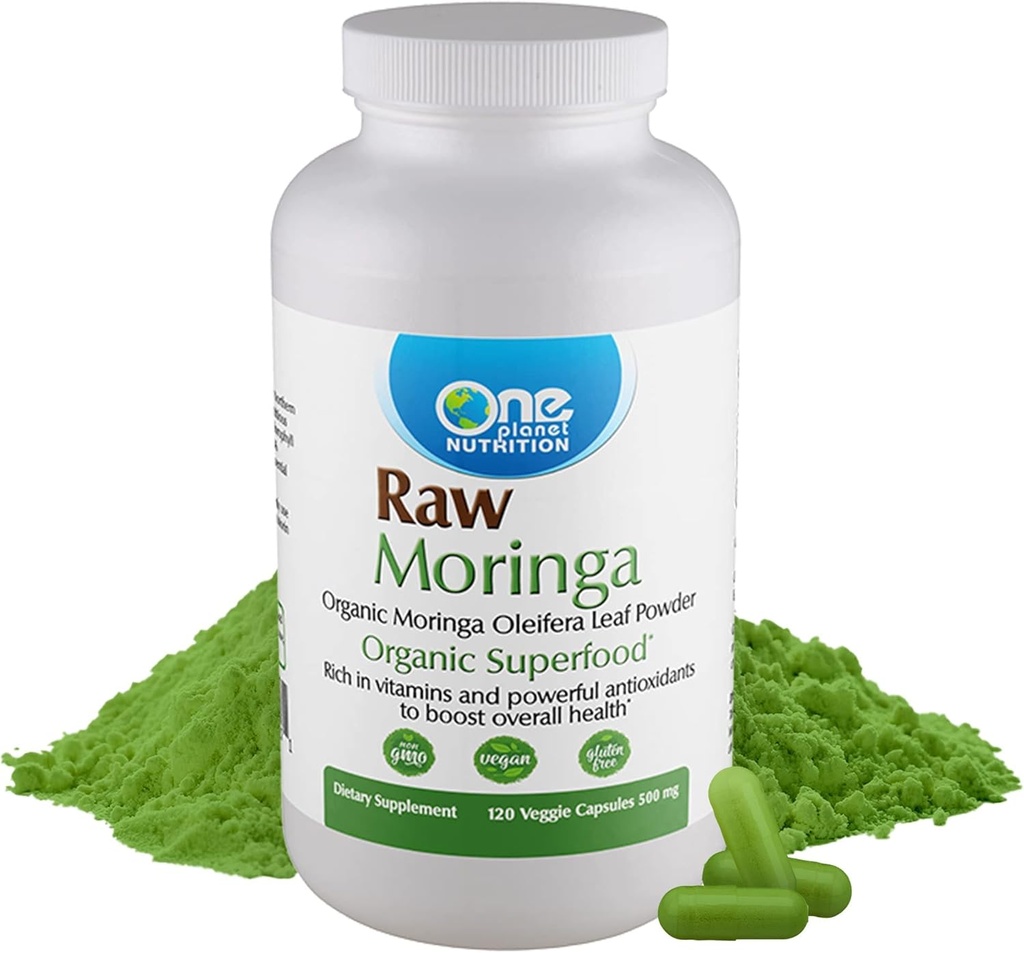 One Planet Nutrition Moringa 500 mg Veggie Capsule (120 Serve), Raw Organic Moringa Leaf, Imballato con Vitamine, Minerali e Proteine vegetali per il supporto nutrizionale, Non-GMO, Vegan, Gluten-Free