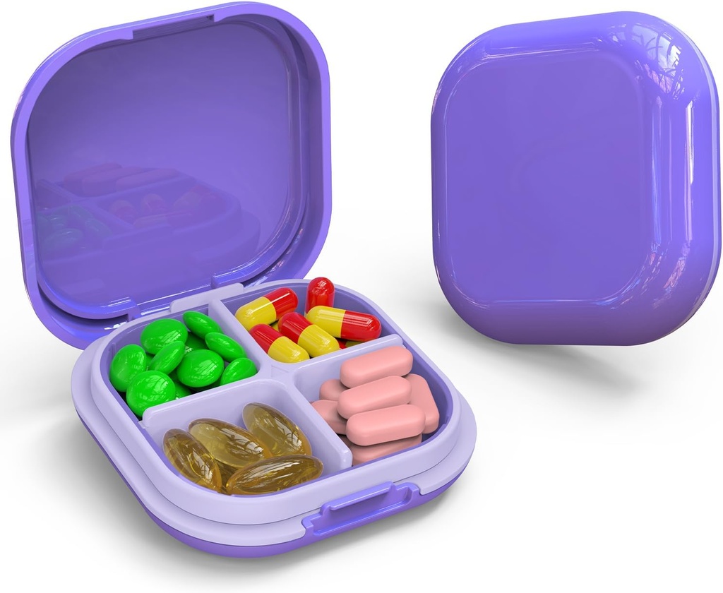 Tägliche Pille Organizer 4 Kompartimente, kleine Pille Box Portable Travel Pill Case, Mini Pill Container für Geldbörse Tasche, Kompakte Reise Medizin Organizer für Vitamin, Cod Liver Oil, Supplement (Purple)