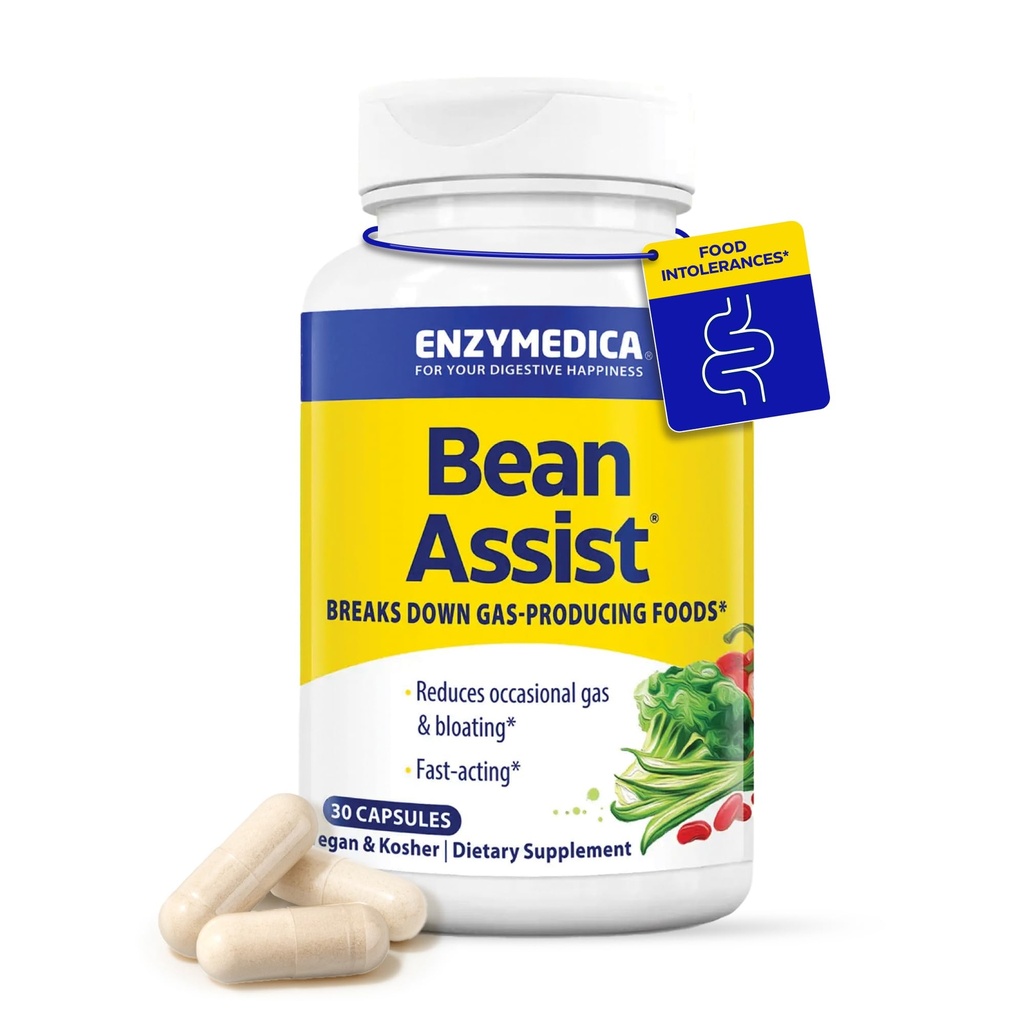 Enzymedica, BeanAssist, Alpha Galactosidase Enzyme für Verdauungsunterstützung, Reduziert okzialen Gas & Bloating aus Bohnen, Broccoli & Legumes, Verdauungsenzyme für Frauen & Männer, 30 Count