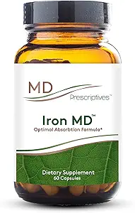 MD Prescriptives Eisen MD Capsules - Tägliche Eisenergänzung für Frauen & Männer mit Vitamin C, Vitamin B12 & Folsäure - Optimale Absorptionsformel - 60 Veg Capsules