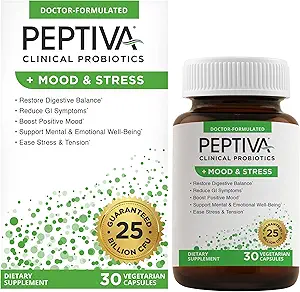 Peptiva Probiotiques Mood & Stress - Stress and Mood Support, Digestive Support, Gut Health, 25 milliards CFU, Probiotiques multi-trains, Lactobacillus Acidophilus, Bifidobacterium - 30 capsules