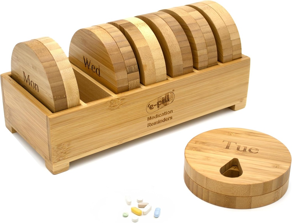 Organisateur hebdomadaire de pilules e-Pill Bamboo, boîte à pilules de 7 jours pour comprimés, vitamines ou suppléments