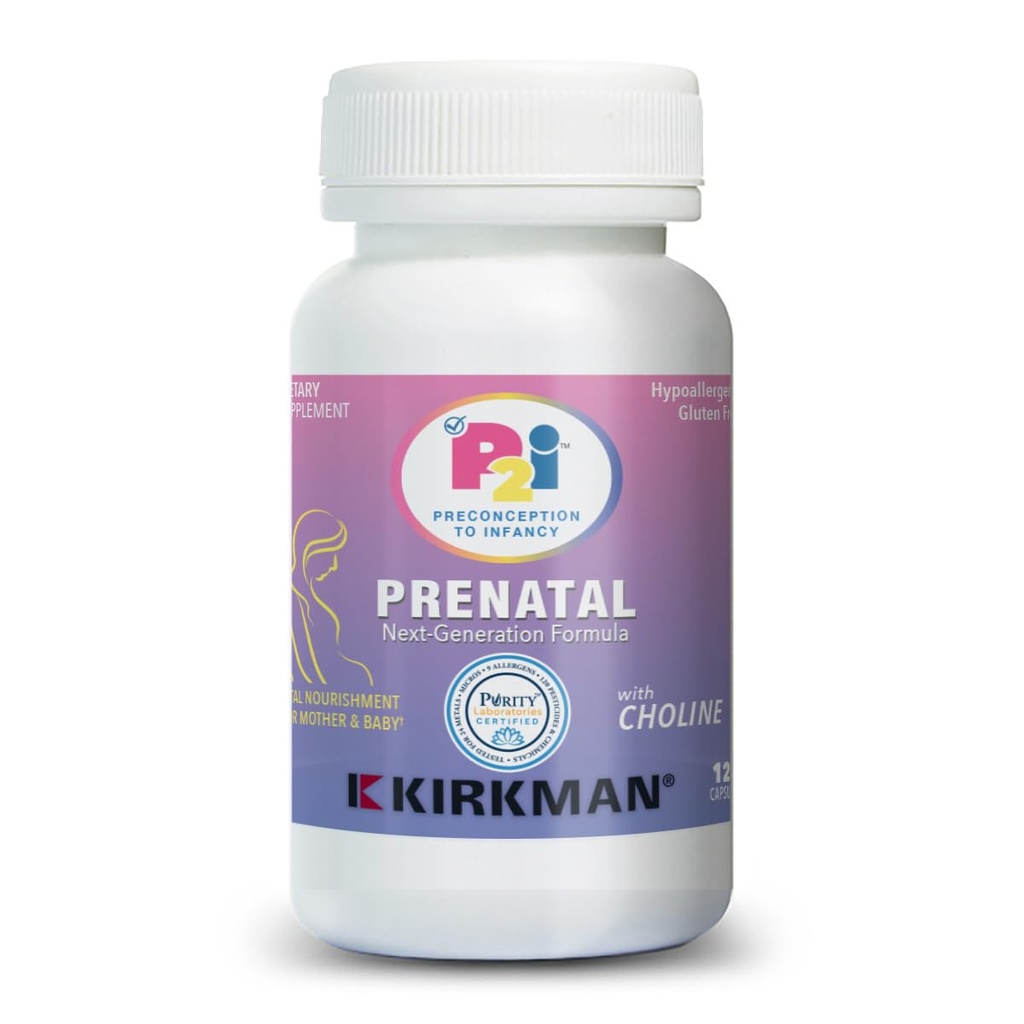 Kirkman P2i Vitamines prénatales pour femmes, multivitamines avec Choline, 120 capsules, soutien nutritionnel quotidien vital pour une mère et un bébé en santé, OBGYN formulé et approuvé, hypoallergénique et sans gluten