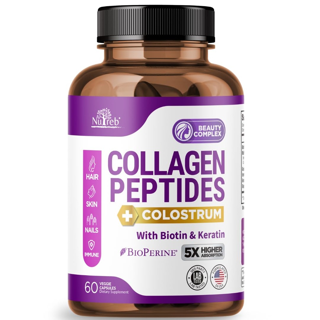 Peptidi di collagene per le donne con Colostrum, Biotina e Keratina - Tipo I, II, III, V, X - 5X Absorbimento Superiore - Capelli e Vitamine - Collage per le donne - Pillole di collagene - 60 Capsule