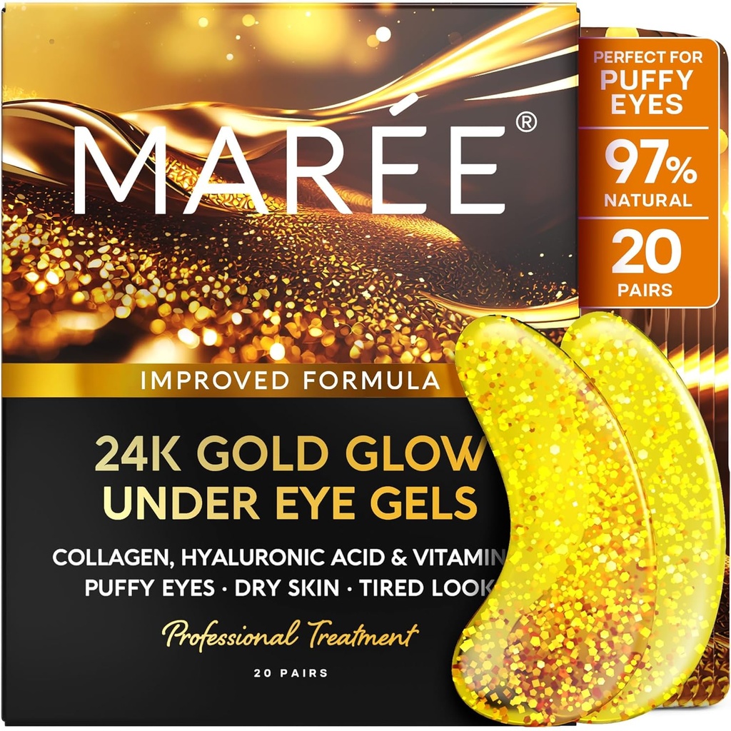 MAREE 24k Gold Under Eye Gels for Dark Circles and Puffiness - Kollagen & Hyaluronsäure Hautpflege Gel Pads - Gold Augenaufnäher für Puffy Eyes und Dark Circles - Unter Augenmasken - Travel Essentials