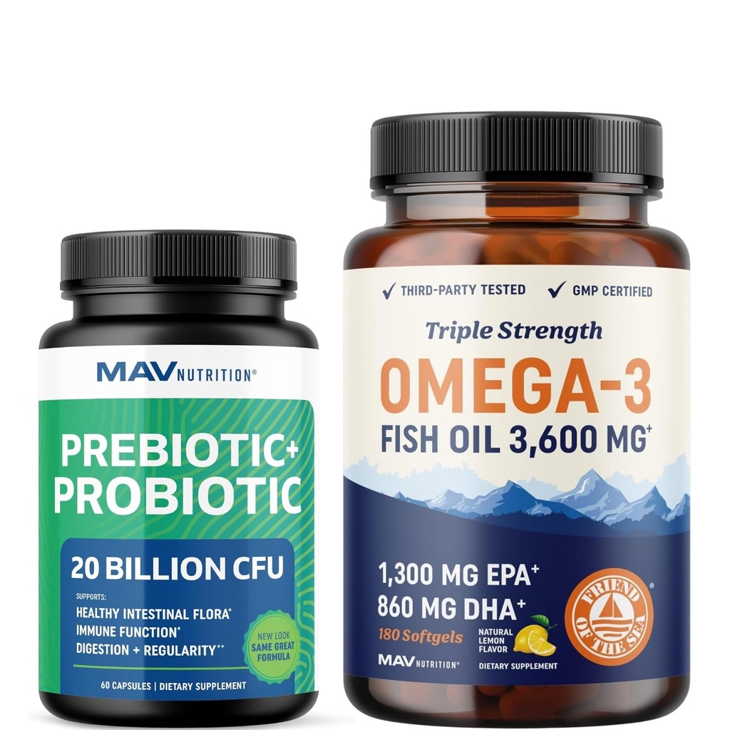 Omega 3 Fischöl und Probiotische Kapseln | Dreifache Stärke EPA & DHA Omega 3 Burpless Softgels Plus Probiotic & Prebiotic Kapseln für Gut Gesundheit & Immununterstützung | 60 Portionen Jede