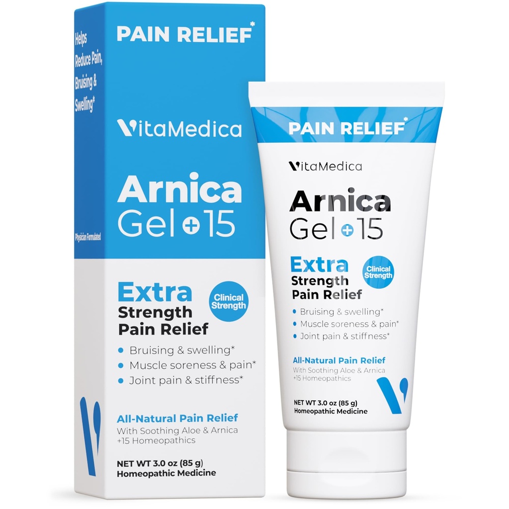 VitaMedica Arnica Gel Plus 15 Composti di impianto di guarigione, Formulazione di resistenza extra per la spazzolatura, il gonfiore, il dolore comune, il dolore muscolare e la stanchezza, il sollievo di dolore naturale e vegetale