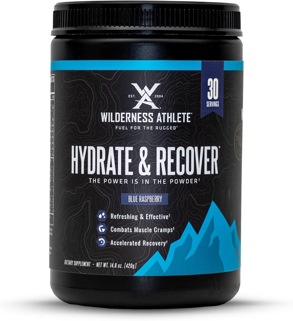 Athlète de la nature - Hydrate et Récupérer Récupérer la poudre liquide d'hydratation Mélange de boissons électrolytiques - Récupérer plus rapidement avec des Bcaas - Poudre d'hydrate avec 1000mg de vitamine C - 30 Tub de service (Blue Raspberry)