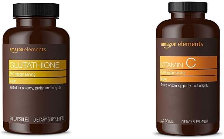 Éléments Glutathion, 500mg, 60 capsules, 2 mois d'approvisionnement et vitamine C 1000mg, végétalien, 300 comprimés, 10 mois d'approvisionnement