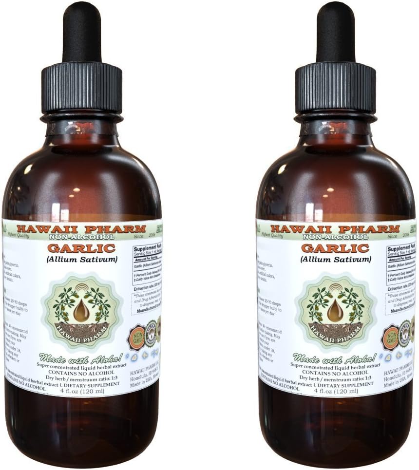 Extrait liquide sans alcool à l'ail, à l'ail biologique (Allium sativum) Poudre séchée Glycérite Hawaii Pharm supplément naturel à base de plantes 2x2 oz