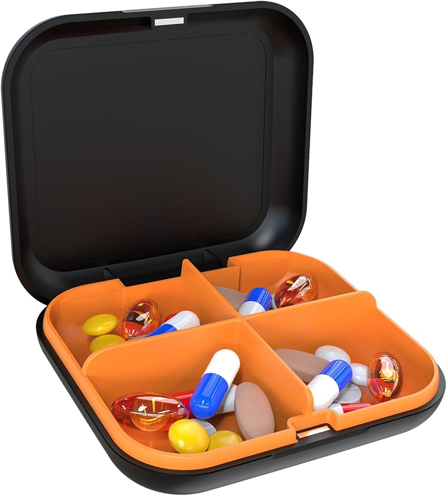 Scatola di distribuzione del pedaggio portatile, scatola di pedaggio portatile di viaggio, organizzatore di pedaggio portatile 4compartment, adatto per vitamine, medicinali, olio di pesce (nero + arancio)