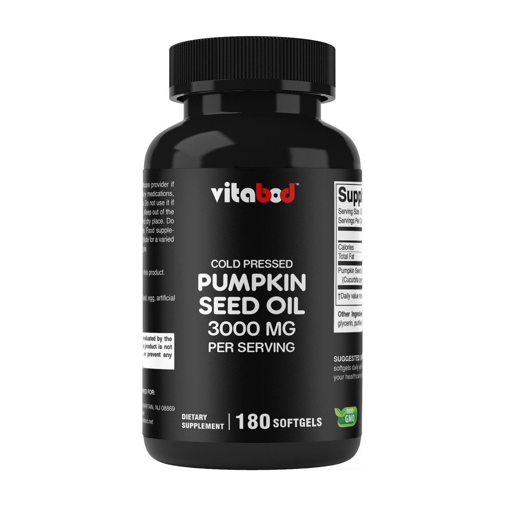 Vitabod Cold Pressed Pumpkin Seed Oil 3000mg per Serving - 180 Softgels - Non-GMO & Gluten Free