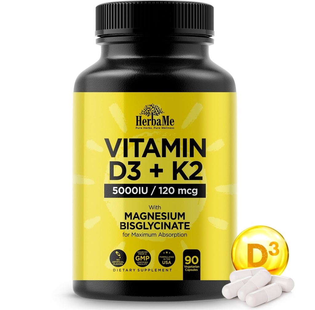 Vitamina D3 5000 IU + K2 con Magnesio Bisglycinate per Max Absorption | 90 capsule | Supporto immunitario | Promuove la salute del cuore, dell'osso e del muscolo