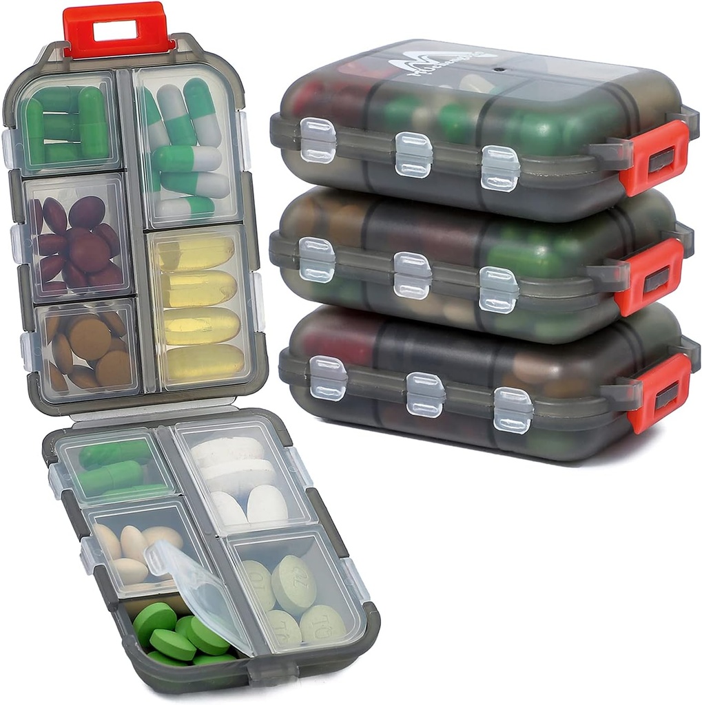 4PS Travel Pill Organizer mit 164 Slice Labels,10 Compartments Travel Pill Box Portable Folding Small Pill Case Daily Pill Container für Carry Storage Medicine Organizer von M MUchengbao (Grau)