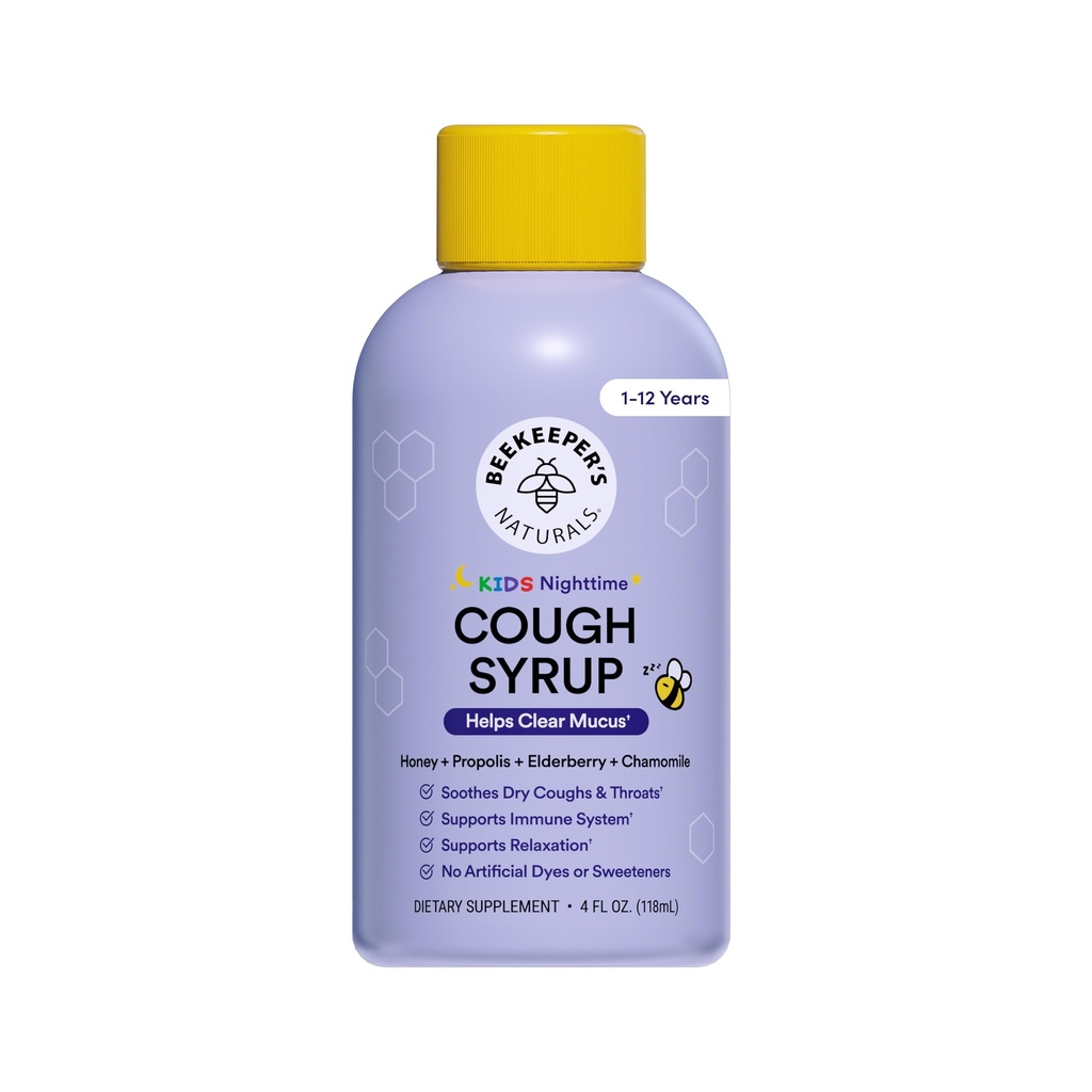 Beekeeper's Naturals Propolis Honey Cough Syrup Nacht für Kinder Immununterstützung mit Propolis, Elderberry & Raw Honey - Schlafunterstützung mit Kamille & L-Theanine - Glutenfrei, 4 Unzen.