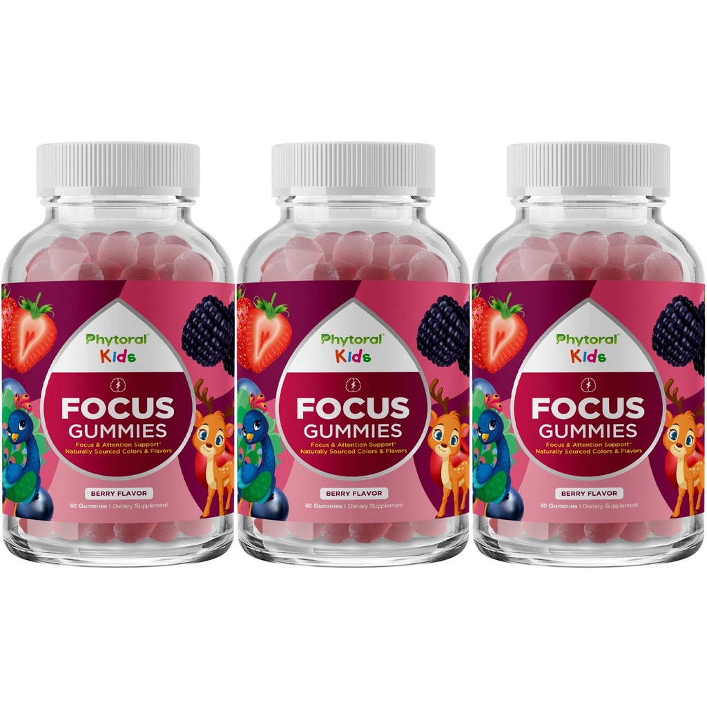 Vegan Kids Focus Gummis - Potent Chewable Brain Unterstützung für Kinder - Verbessert Konzentration & Gedächtnis - Beruhigende Ergänzungen & Fokus Gummi für Kinder - Non-GMO & Gluten-Free - 60 Count - 3 Pack