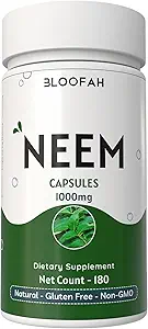 Neem Leaf Capsule 1000mg | Azadirachta Indica Polvere naturale Neem Leaf | Non-GMO, Gluten-Free | Facile-da-Swallow Herbal Supplement | Botanico tradizionale (180 Conte (Pack of 1))