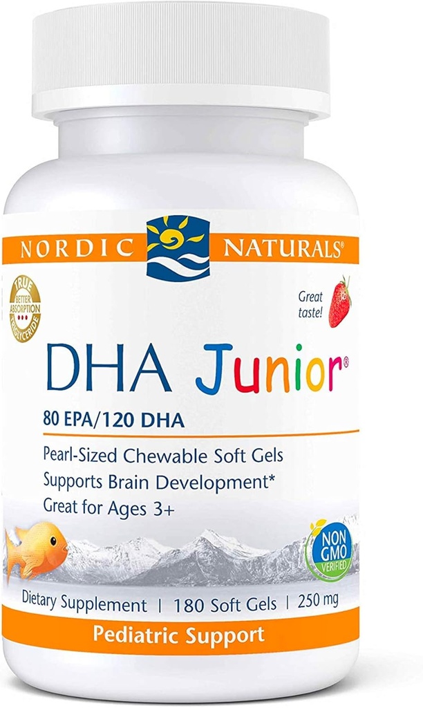 Nordic Naturals Pro DHA Junior, Erdbeere - 180 Mini Kaubare Weichgele - 250 mg Total Omega-3s mit EPA & DHA - Gehirnentwicklung & Visuelle Funktion - Non-GMO - 45 Servietten