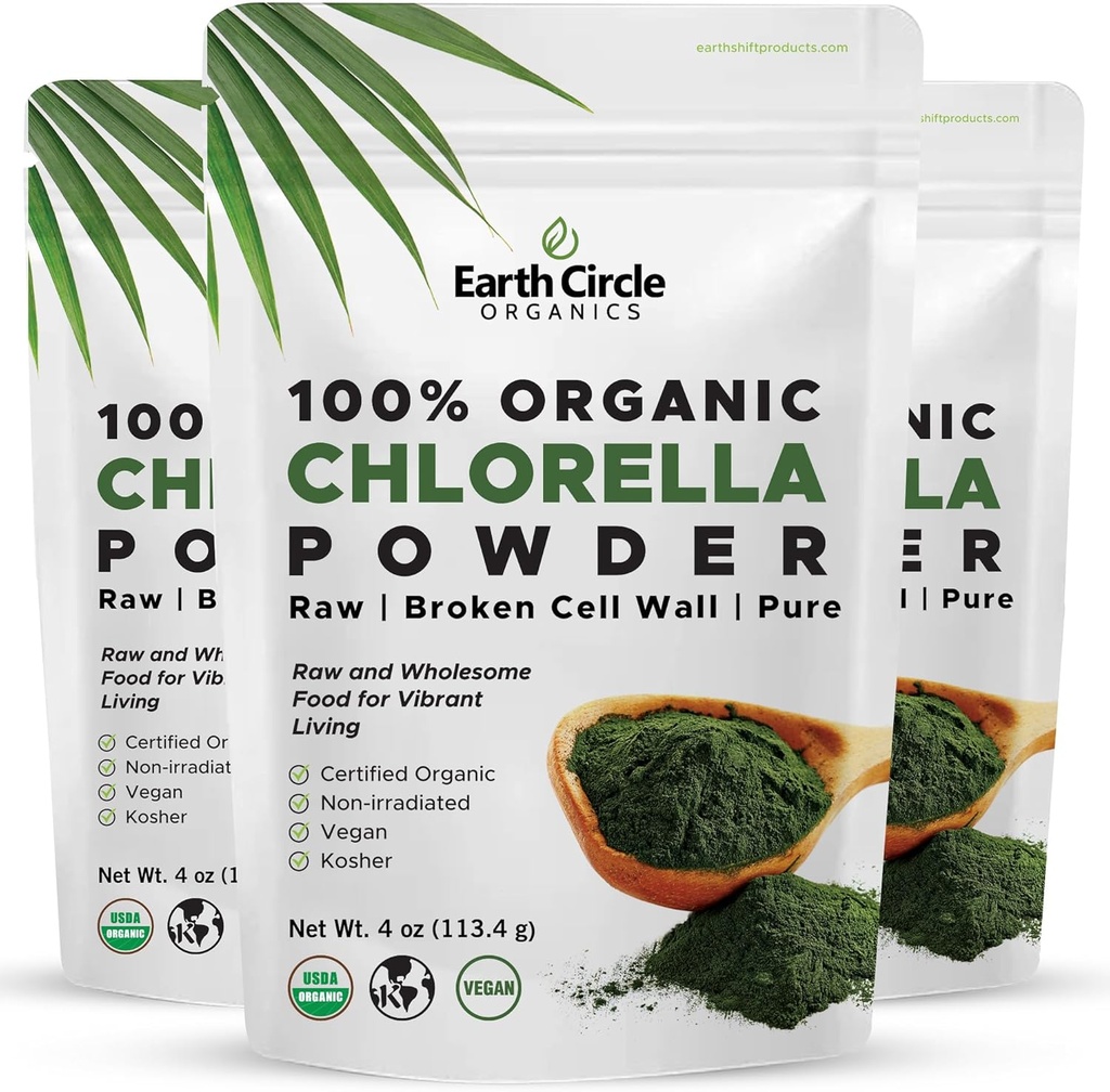 Erdkreis Organic Chlorella Pulver Superfood | Kosher | Gebrochene Zellwand Chlorophyll, Vegan, Super Green Algae, Clean Chlorella, High in Protein, Fiber & Amino Acids - 4oz (3 Pack)