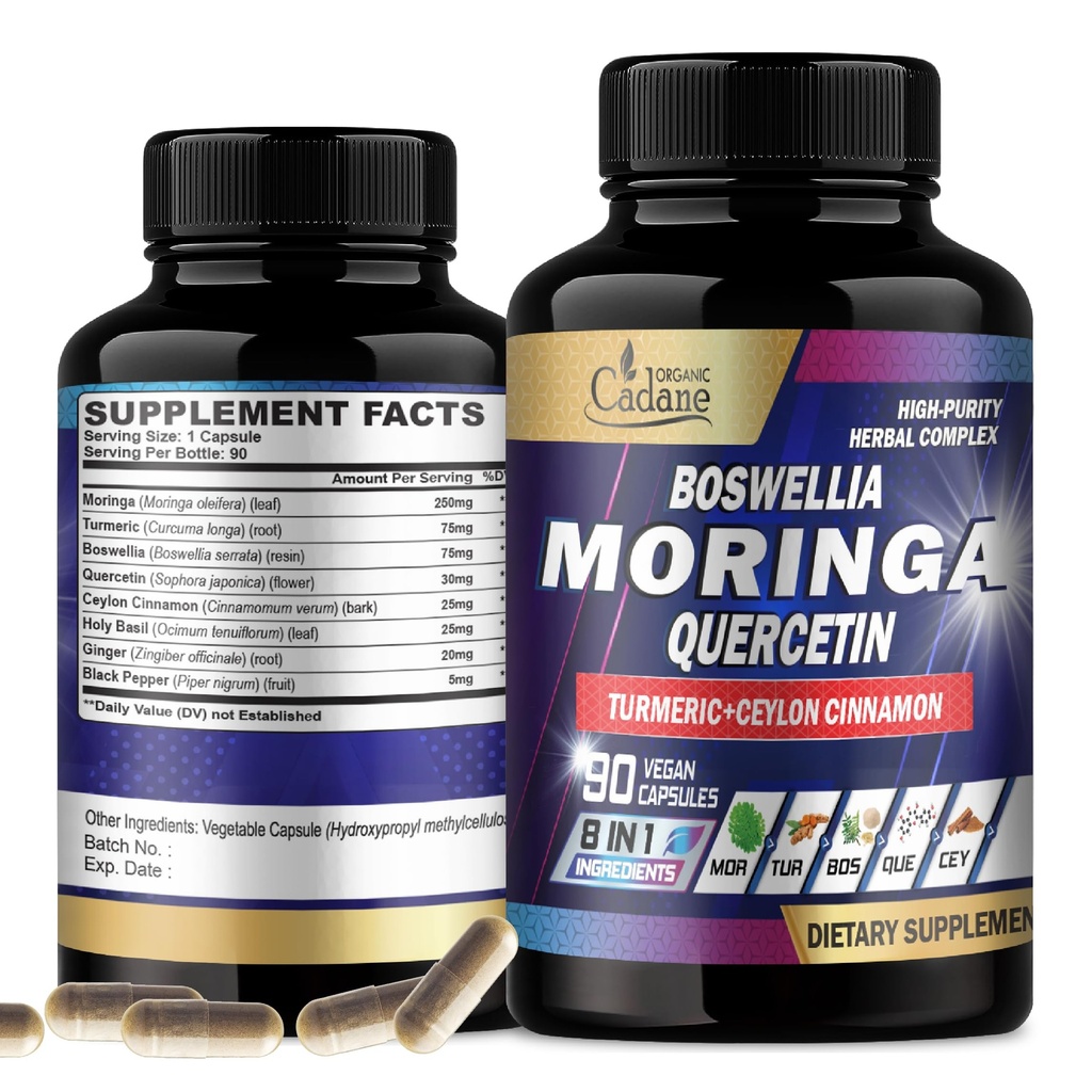 Organic Cadane Moringa Foglia con Turmerico, Boswellia, Quercetin, Ceylon Cinnamon, Santo Basilio, Ginger e Pepe Nero - 8in1 Integratori - 90 Capsule Veggie per 3-Month Alimentazione