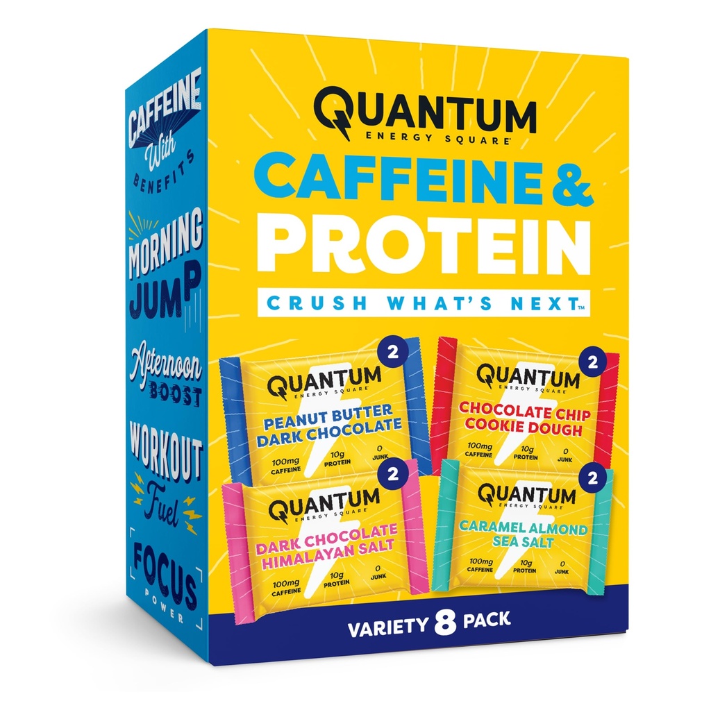 Quantum Energy Square: Energy Bar con Caffeina e 10g Protein. Delizioso spuntino sano sul Go. (Vegan, senza glutine, senza soia, senza latticini) (Variety 8-Pack)