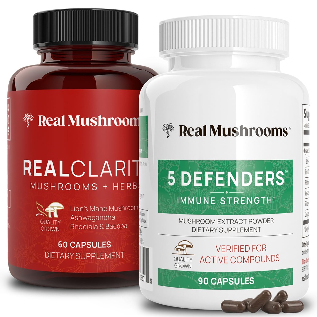 Reale Pilze RealClarity (60ct) und 5 Verteidiger (90ct) Kapseln Bundle - Pilzergänzung für Psychische Klarheit, Fokus & Immunstärke - Vegan, Non-GMO, Verifizierte Ebenen von Beta-Glucans