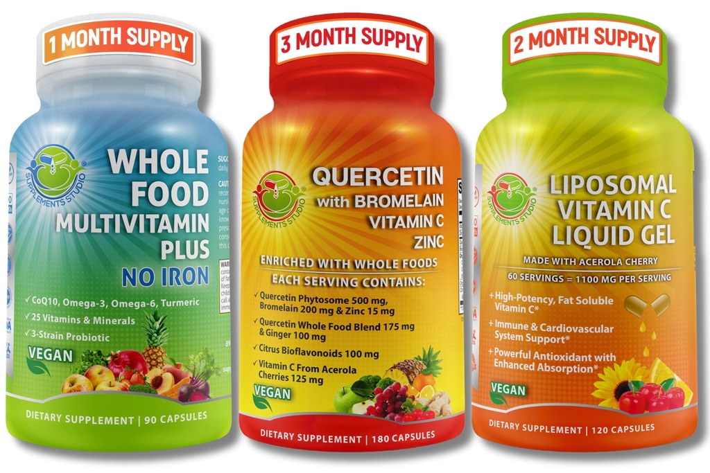Immune System Support Bundle – Quercetin with Bromelain + Liposomal Vitamin C 1100mg Liquid Gel + Whole Food Multivitamin Without Iron – Daily Antioxidant, Respiratory & Immune Support