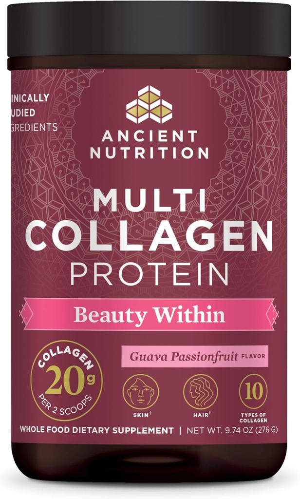 Ancient Nutrition Multi Collagen Protein Powder Beauty Within, Guava Passion Fruit, 9.74 oz