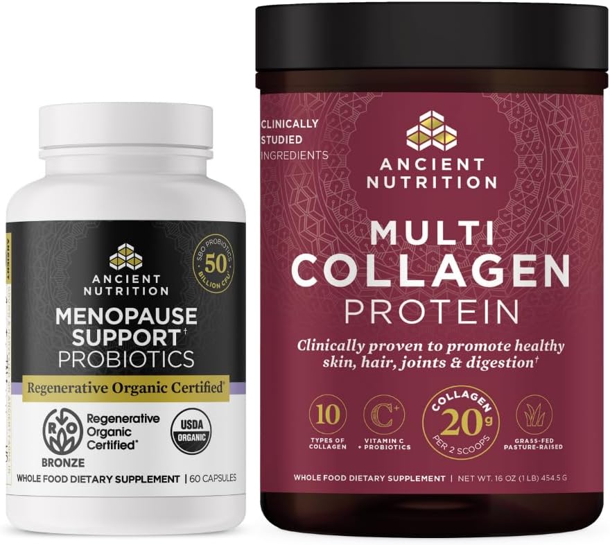Antike Ernährung Regenerative Bio-zertifizierte Probiotika für Menopause, 60 Count + Multi Collagen Protein Powder Unflavored, 45 Servierungen