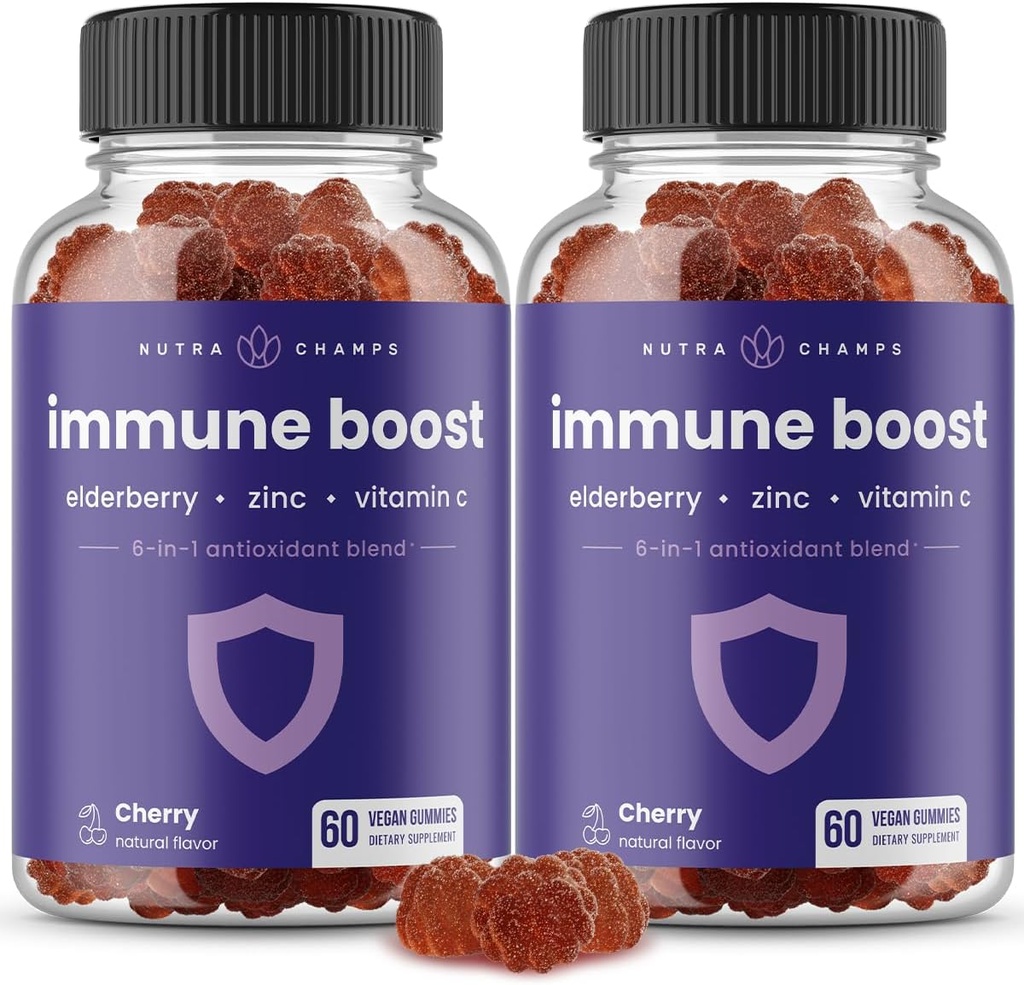 Immun Support Gummie | Leistungsstarke Mischung aus Elderberry, Vitamin C, Zink, Echinacea, Astragalus Root & Ginger | Immun Boosters für Erwachsene & Kinder Supplement | Vegan & Non-GMO | Cherry | 60 Ct (2 Pack)
