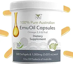 Emu Öl Kapseln - Herz, Haar, Metabolismus & Joint Support Supplement - Pharmazeutische Klasse Emu Öl mit CLA, Omegas 3, 6 & 9 mit Vitamin K2, A & E von Y-Not Natural - 1000mg, 500 Kapseln
