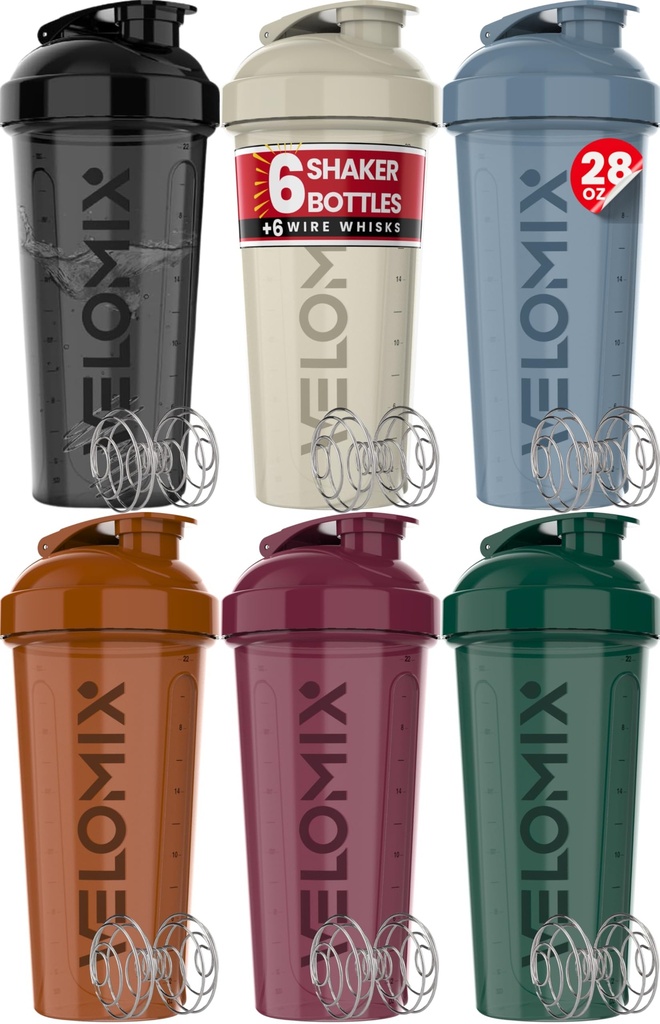 VELOMIX -6 PACK- 28 oz Protein Shaker Bottiglia per miscele proteiche - 6x Wire Whisk | Leak Proof Shaker Cup per Protein Shakes | Protein Shaker Bottle Pack | Protein Shake Cup (Earth Tones Collection)