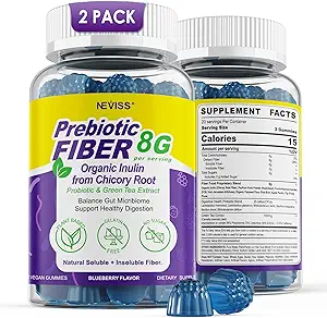 Gommies de fibre pour adultes 8g (Inuline, Psyllium Husk, FOS More) avec probiotiques, extrait de thé vert, mélange de supplément de fibre à base de sucre pour la santé digestive, la régularité, non-OGM, végétalien, 120Cts