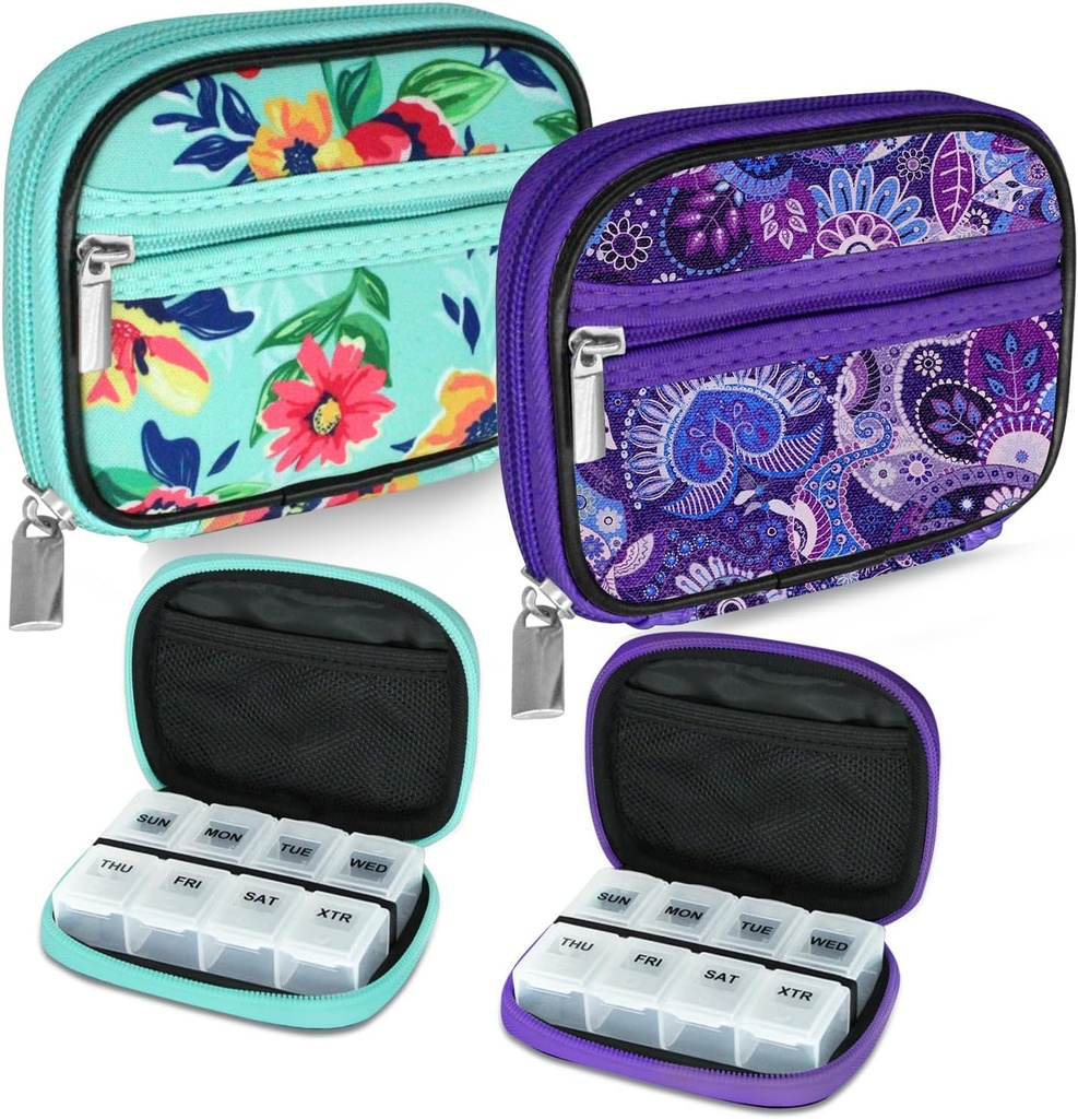 Serfeymi Wochenreise Pille Organizer Pille Fall für Geld mit abnehmbaren 7 Tage Pille Box, Modische Reise Medizin Organizer Pille Behälter für Medizin, Vitamin, Beilage - Grün 01 + Lila 01