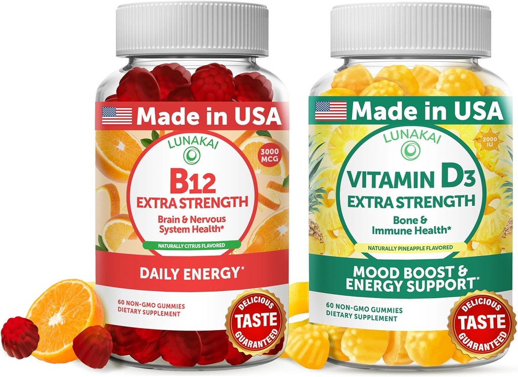 Lunakai Vitamina B12 e Vitamina D3 Gummies Bundle - 3000 mcg B12 e 25 mcg 1000 UI VIT D3 - Gluten Free, No Corn Syrup, Organico, Non OGM, Gelatina a base vegetale Free