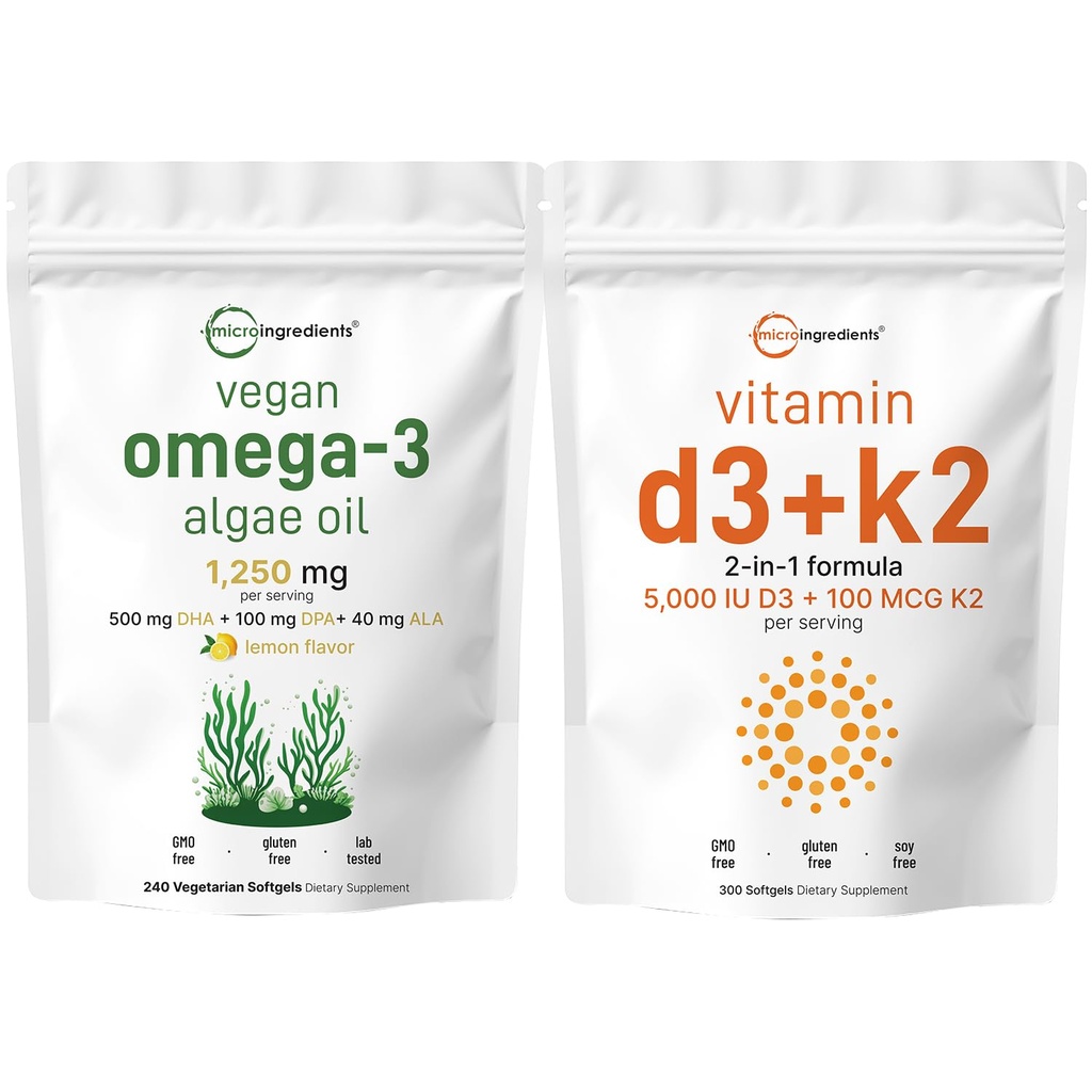 Micro ingredienti Vitamina D3 5000iu + K2 100mcg Softgels & Vegan Omega 3 Algae olio supplemento Bundle 2 Pack | Vitamine di sole essenziali | Omega-3 spettro completo alternativa all'olio di pesce