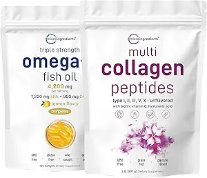 Micro Ingredienti Multi Collagen Protein Powder 2 Pounds & Omega-3 Fish Oil 4,200 mg Softgels Bundle 2 Pack | Peptidi di collagene di erba-fede | Pesce di pesce di selvatico, Limone aromatizzato, Burpless