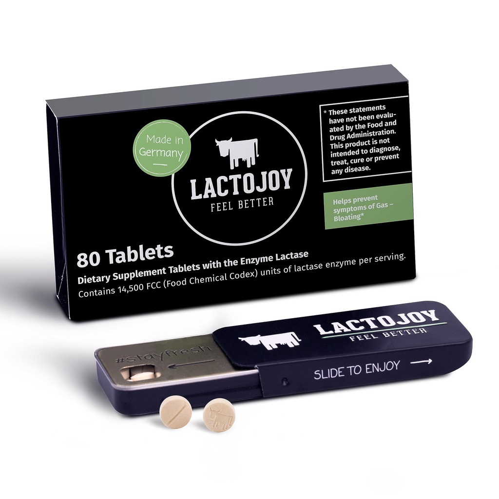 LactoJoy Lactase Pillen 14.500 I 80 Stück I Leistungsstarke Lactase Enzyme für Lactose Intolerance I Ultra Pure Lactase für verbesserte Verdauung I Kein Silicon Dioxid, keine künstlichen Aromen, keine Sucralose